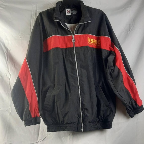 USMC TheFewTheProud Black Red Mesh lined embroidered zip front pocket Jacket Lg - Picture 1 of 4